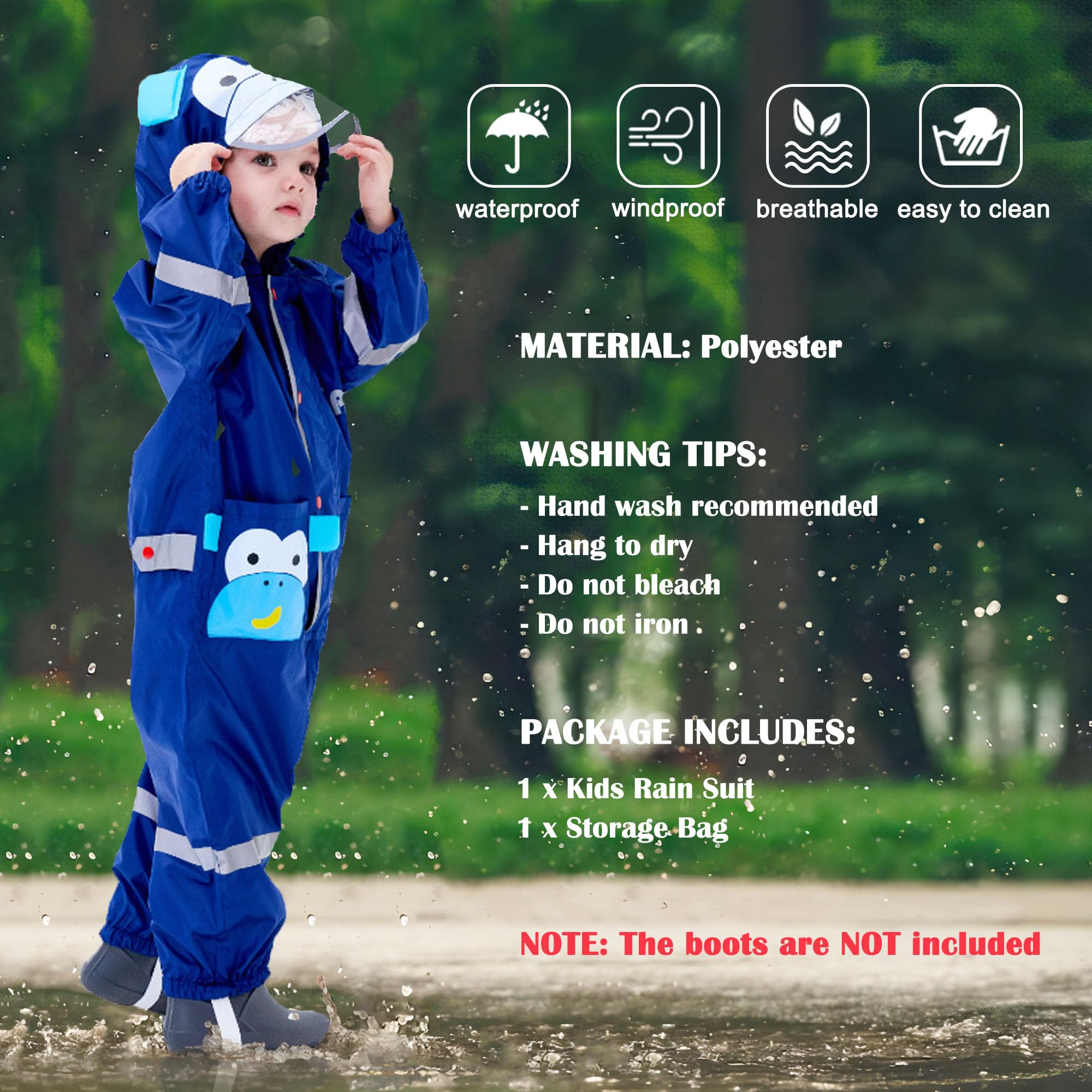 Fewlby Kids Toddler Rain Suit for boys girls One Piece Hoodie Zipper Cute Cartoon Monkey Waterproof Rain Jacket 2-5 years M Size