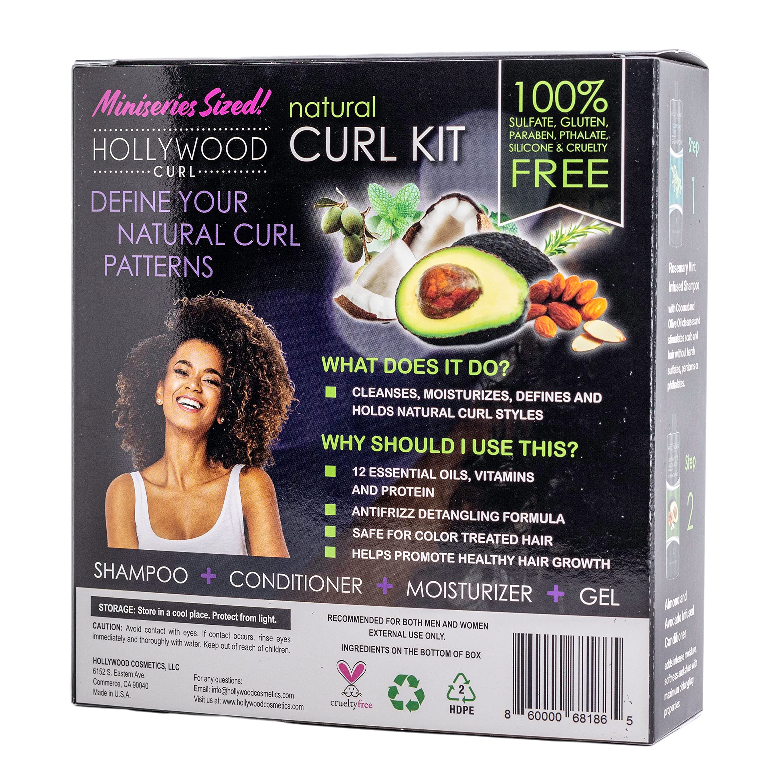 Hollywood Curl 4 Pack Natural Curl Styling Kit - Women and Men – Wavy and Frizzy Hair Control - w/Essential Oils, Vitamins, and Protein – Includes Shampoo, Conditioner, Curling Cream, and Styling Gel