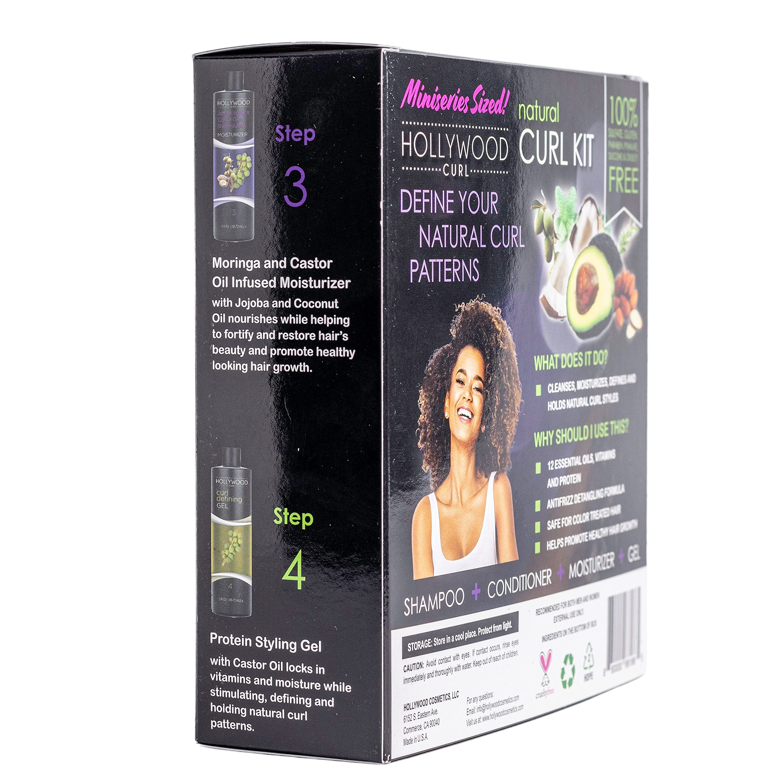 Hollywood Curl 4 Pack Natural Curl Styling Kit - Women and Men – Wavy and Frizzy Hair Control - w/Essential Oils, Vitamins, and Protein – Includes Shampoo, Conditioner, Curling Cream, and Styling Gel