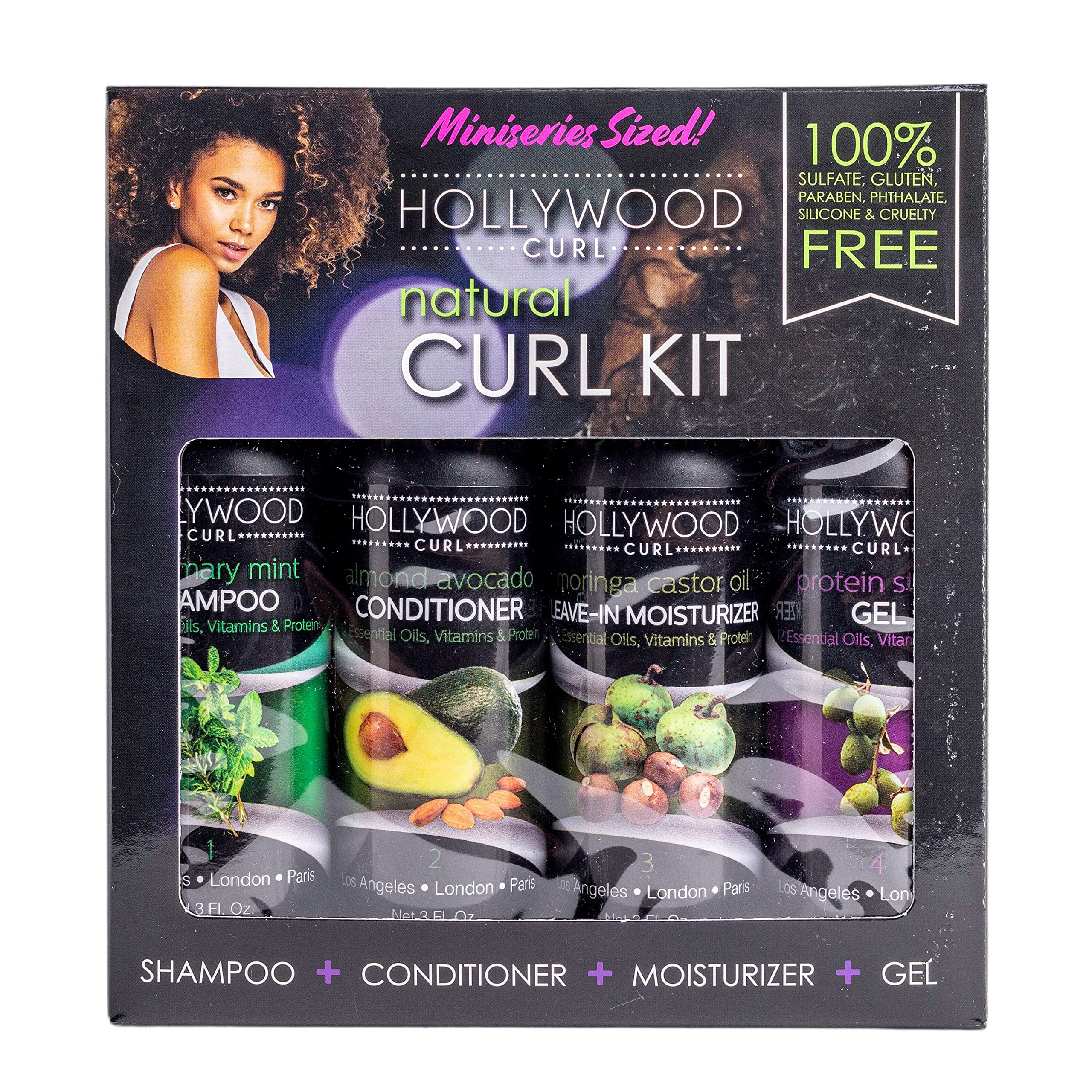 Hollywood Curl 4 Pack Natural Curl Styling Kit - Women and Men – Wavy and Frizzy Hair Control - w/Essential Oils, Vitamins, and Protein – Includes Shampoo, Conditioner, Curling Cream, and Styling Gel