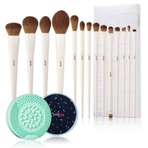 jessup makeup brushes 14pcs premium synthetic light grey makeup brush set t329 and makeup brush cleaning mat with color removal sponge a007