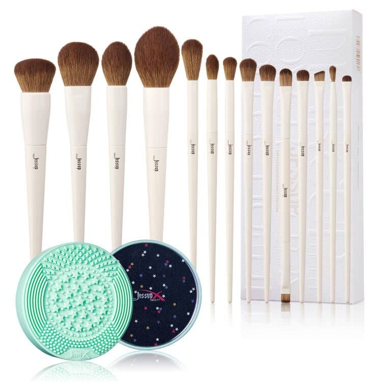 Jessup Makeup Brushes 14Pcs Premium Synthetic Light Grey Makeup Brush Set T329 and Makeup Brush Cleaning Mat with Color Removal Sponge A007