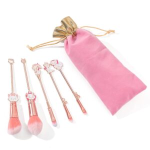 Marie Cartoon Cat Makeup Brushes - 5pcs Cute Animal Designed Soft Pink Makeup Brushes Set, Professional Cosmetic Tool Kit Pink Drawstring Bag Included for Girls and Women (5PCS)