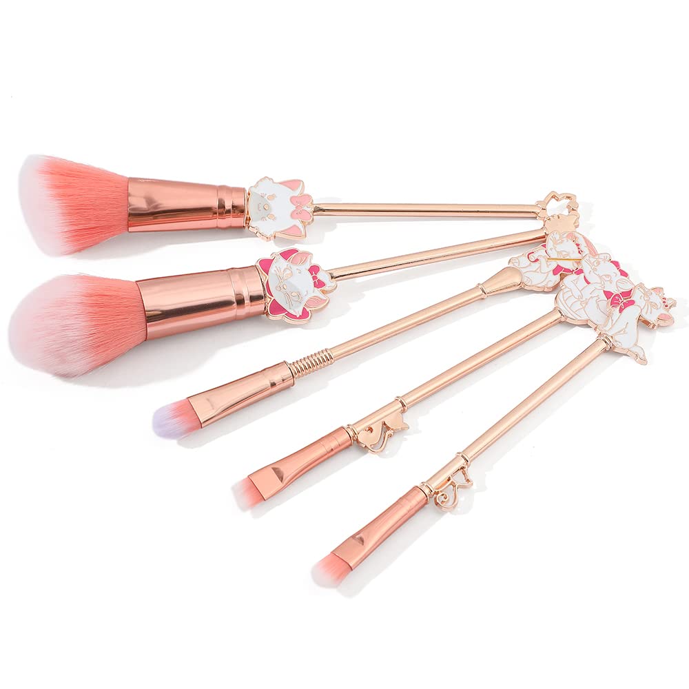 Marie Cartoon Cat Makeup Brushes - 5pcs Cute Animal Designed Soft Pink Makeup Brushes Set, Professional Cosmetic Tool Kit Pink Drawstring Bag Included for Girls and Women (5PCS)