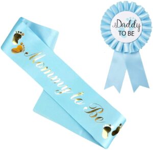 newhappyland baby shower decorations for boy blue sash mommy to be and daddy to be tinplate badge pin mommy to be sash for baby shower baby shower button new dad baby shower party gender reveals