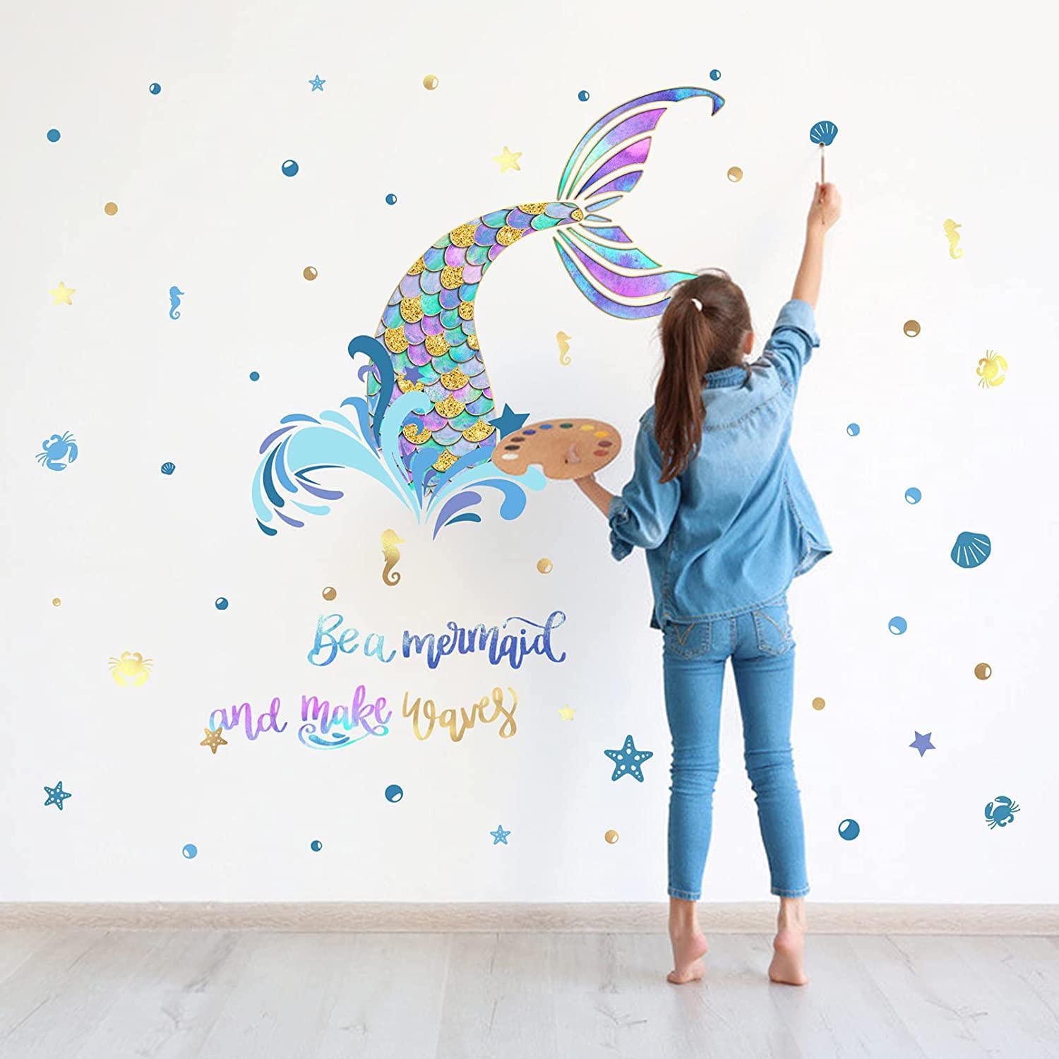 Mermaid Wall Decals, Ocean Creature Decoration Quotes Be a Mermaid and Make Waves Wall Stickers for Baby Room Girls Bedroom Nursery Bathroom Wall Decor