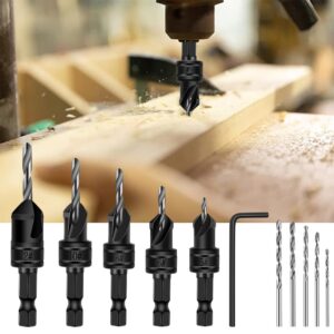 82° Countersink Drill Bit Set 5pcs 1/4" Quick Change Adjustable Tapered Drill Bits and Replacement Drill bits 5pcs with Allen Key for Woodworking