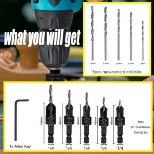 82° Countersink Drill Bit Set 5pcs 1/4" Quick Change Adjustable Tapered Drill Bits and Replacement Drill bits 5pcs with Allen Key for Woodworking