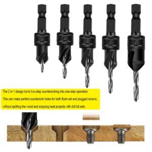 82° Countersink Drill Bit Set 5pcs 1/4" Quick Change Adjustable Tapered Drill Bits and Replacement Drill bits 5pcs with Allen Key for Woodworking