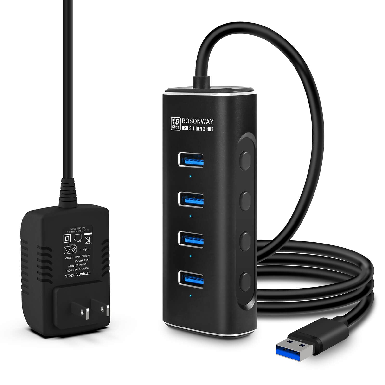 Powered USB Hub, Rosonway 4 Ports USB 3.1/3.2 Gen 2 Hub 10Gbps with 3.3ft Data Cable, 5V/2A Power Adapter and Individual Switches, Aluminum USB Port Hub Splitter for PC and Laptop, RSH-A104