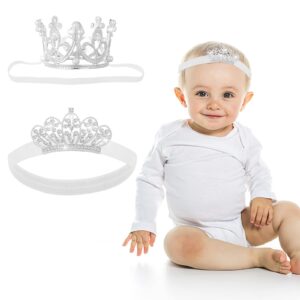 Abeillo 2 Pieces Baby Crown Baby Crystal Princess Tiaras Newborn Photography Props Children Headband Infant Elastic Hair Band Crown for Baby Girl Birthday Party (Silver)