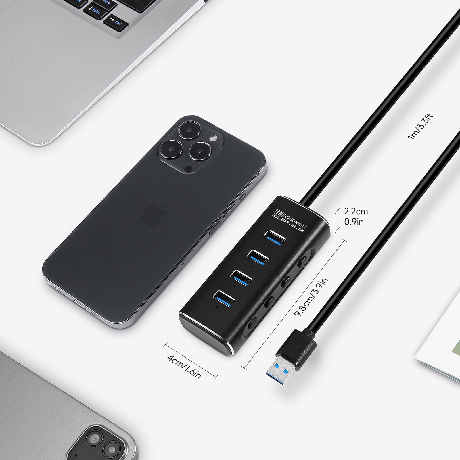 Powered USB Hub, Rosonway 4 Ports USB 3.1/3.2 Gen 2 Hub 10Gbps with 3.3ft Data Cable, 5V/2A Power Adapter and Individual Switches, Aluminum USB Port Hub Splitter for PC and Laptop, RSH-A104