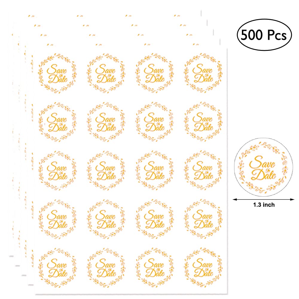 500 Pcs Save The Date Gold Circle Envelope Seals Stickers Party Invitation Self-Adhesive Universal Sealing Foil Transparent Stickers for Wedding Birthday Valentines Baby Shower Seals Lables Sticker