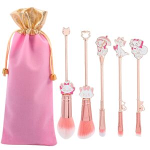 marie cartoon cat makeup brushes - 5pcs cute animal designed soft pink makeup brushes set, professional cosmetic tool kit pink drawstring bag included for girls and women (5pcs)