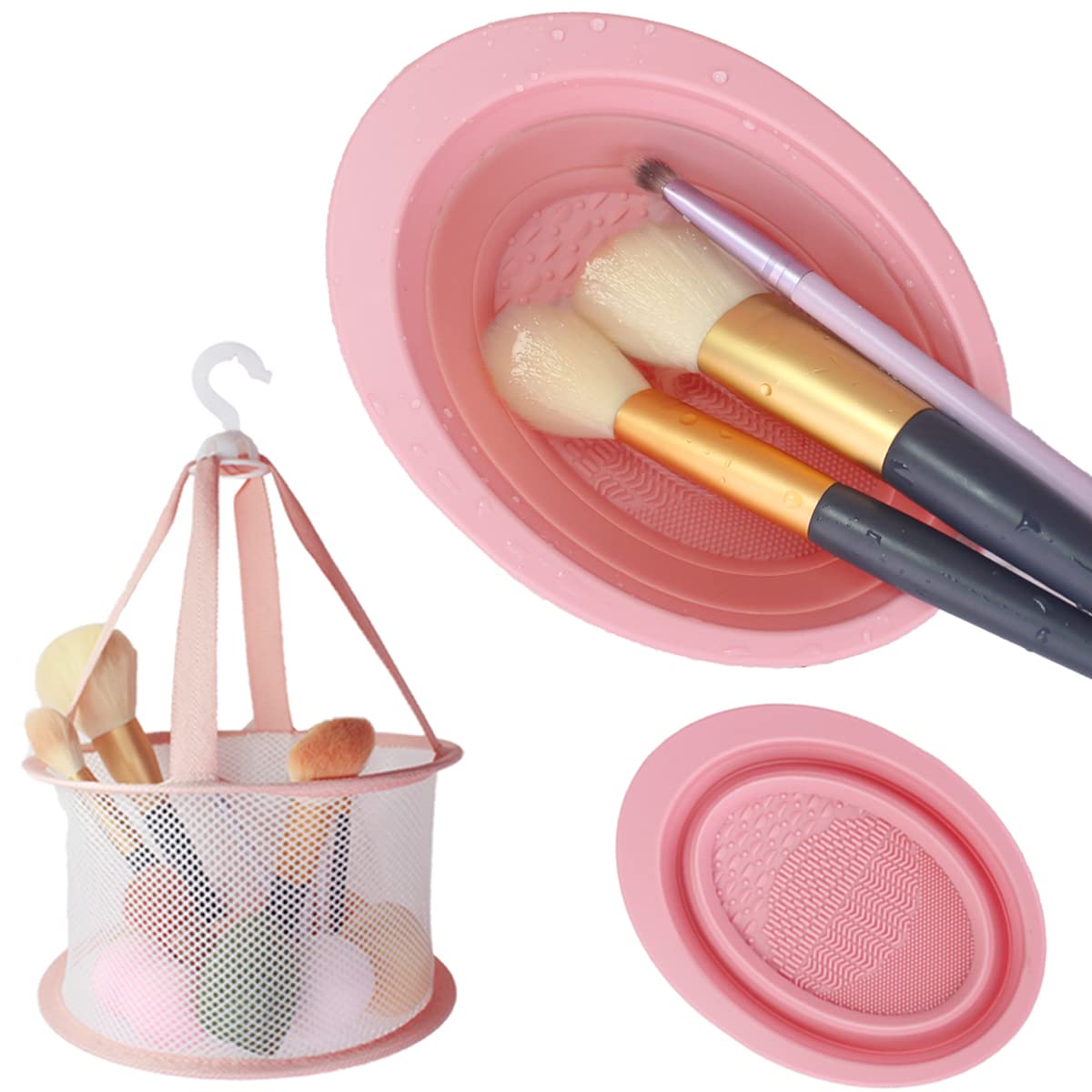 Makeup Brush Cleaning Mat & Hanging Drying Net, Foldable Silicone Makeup Brush Cleaner Brush Cleaning Pad cleaning bowl with Mesh Drying Rack Basket to dry Makeup Sponge, powder puff, brush (Pink)