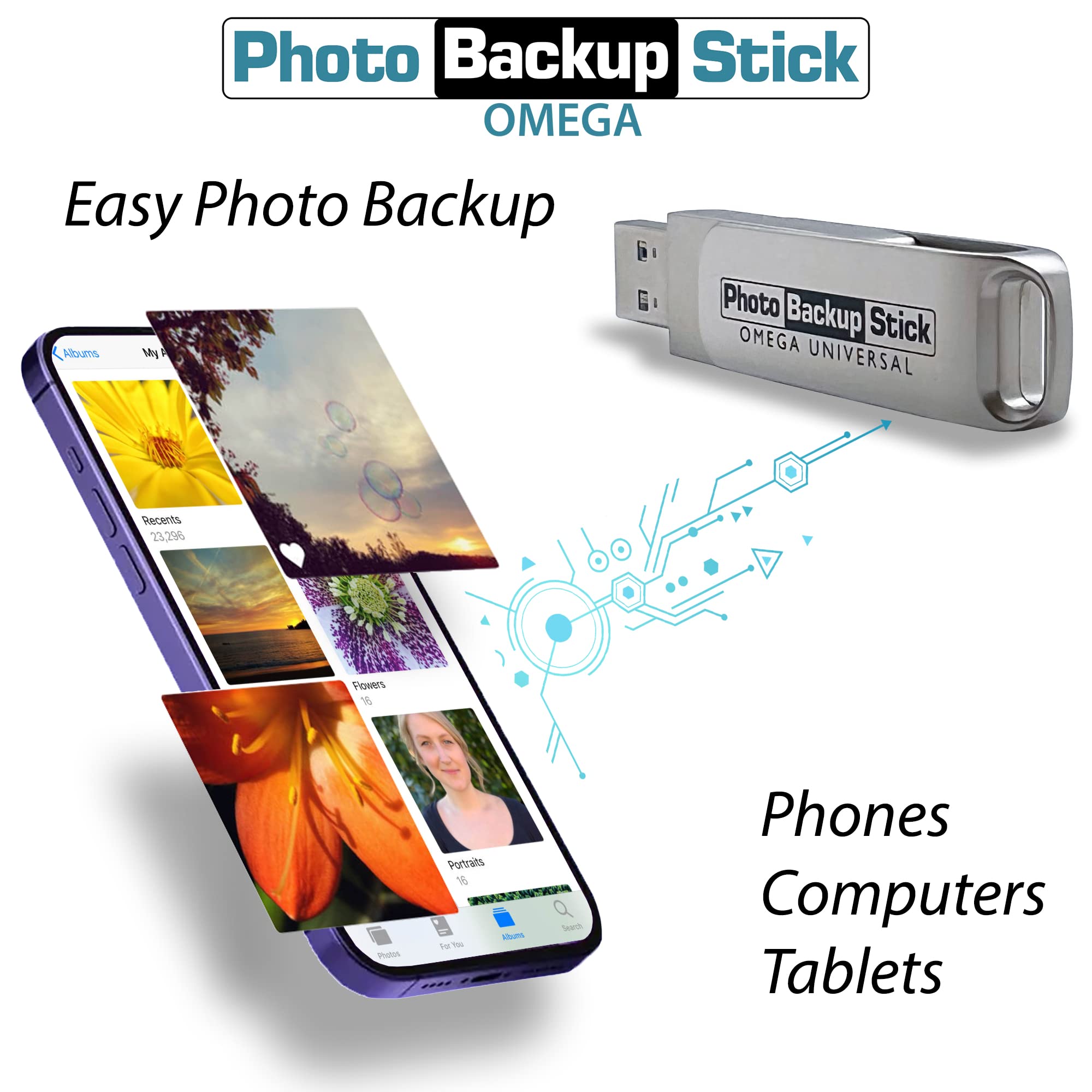 Photo Backup Stick Omega Universal Picture and Video Backup for Any Device - iPhone, Android, Computer, Tablets (512GB)