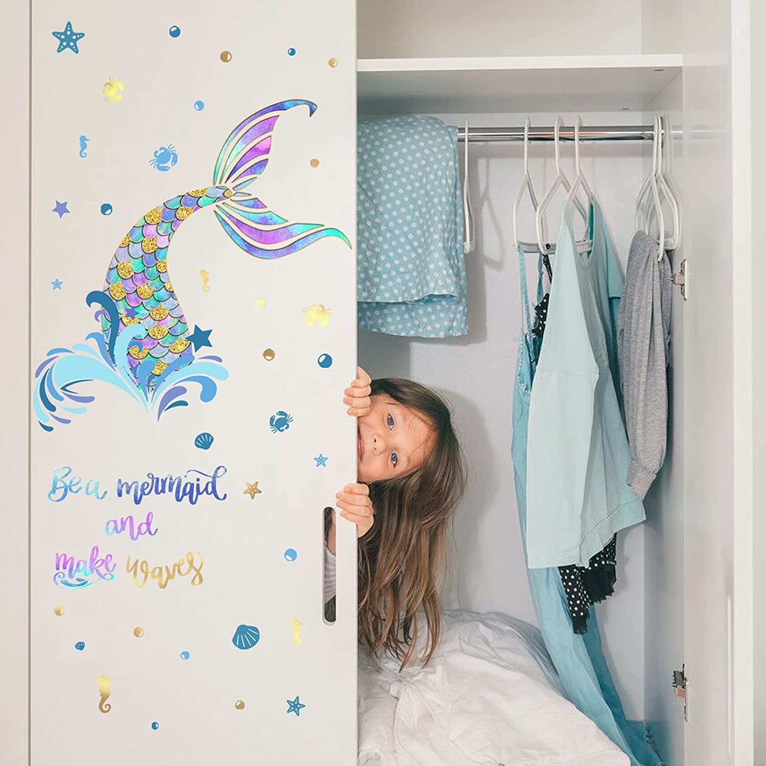 Mermaid Wall Decals, Ocean Creature Decoration Quotes Be a Mermaid and Make Waves Wall Stickers for Baby Room Girls Bedroom Nursery Bathroom Wall Decor