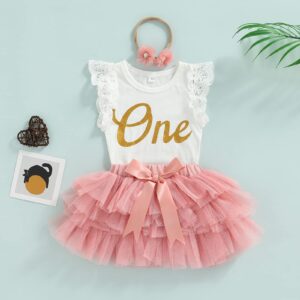 BemeyourBBs Baby Girl First Birthday Outfit Fly Sleeve Lace Romper Tutu Skirt Set with Headband (12-18 Months,sleeveless pink)