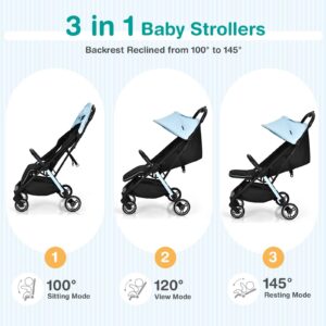 HONEY JOY Lightweight Baby Stroller, Compact Travel Stroller for Airplane, Fits Airplane Cabin & Overhead, One-Hand Gravity Fold, Self-Standing Toddler Stroller w/Adjustable Backrest/Canopy(Blue)