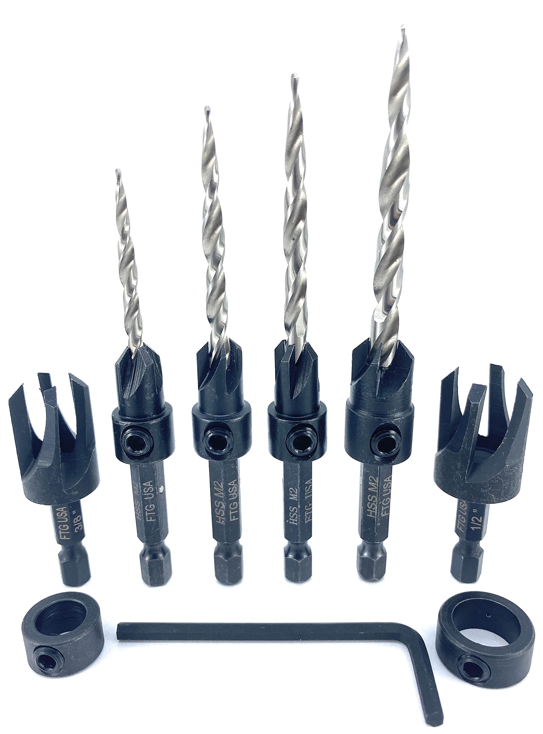 FTG USA Wood Countersink Drill Bit Set Sizes 6 8 10 12 Countersink Tapered Drill Bits, 2 Wood Plug Cutter 3/8" & 1/2" with 3 Replacement Bits #8 (11/64"), 2 Stop Collars, 1 Allen Wrench, Hex Shank