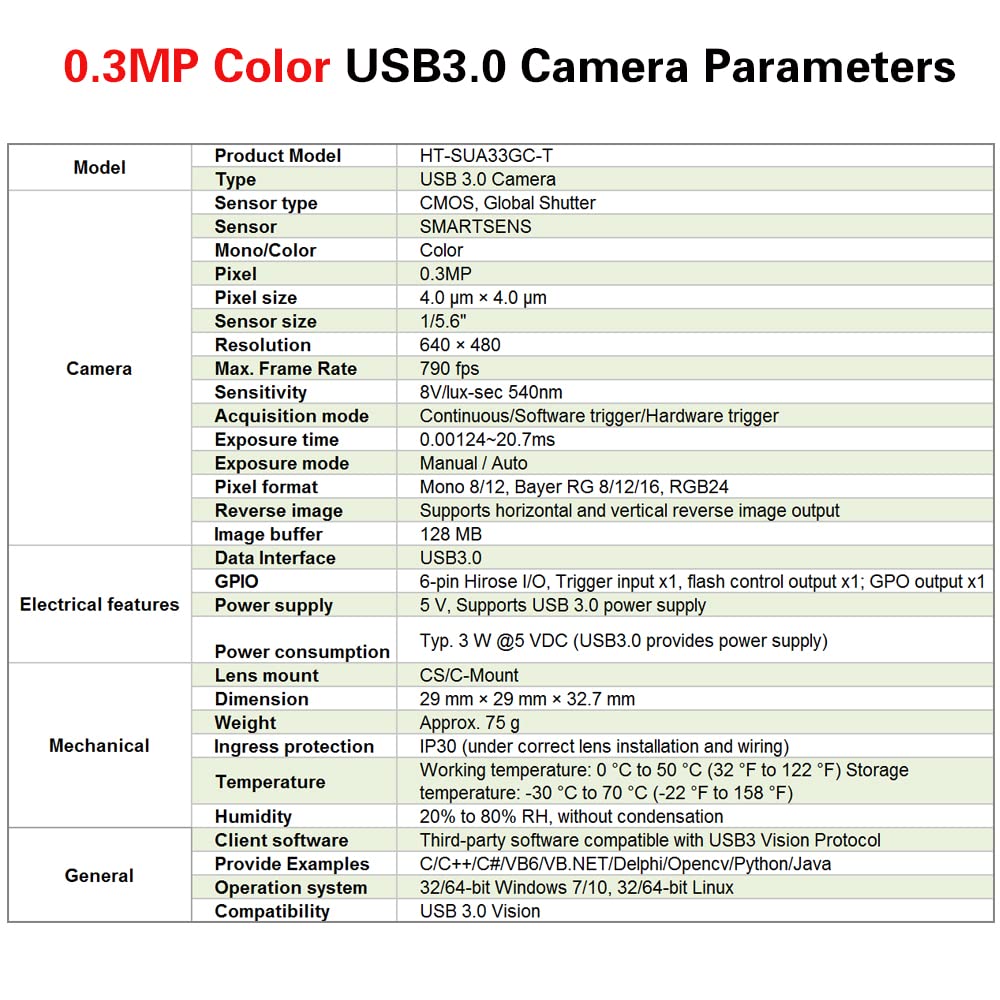 HTENG VISHI High Speed USB3.0 1/5.6" 0.3MP Machine Vision Global Shutter Color Digital Industrial Camera C-Mouth Supports Windows and Linux SDK Area Scan Camera 640x480 790FPS Indoor