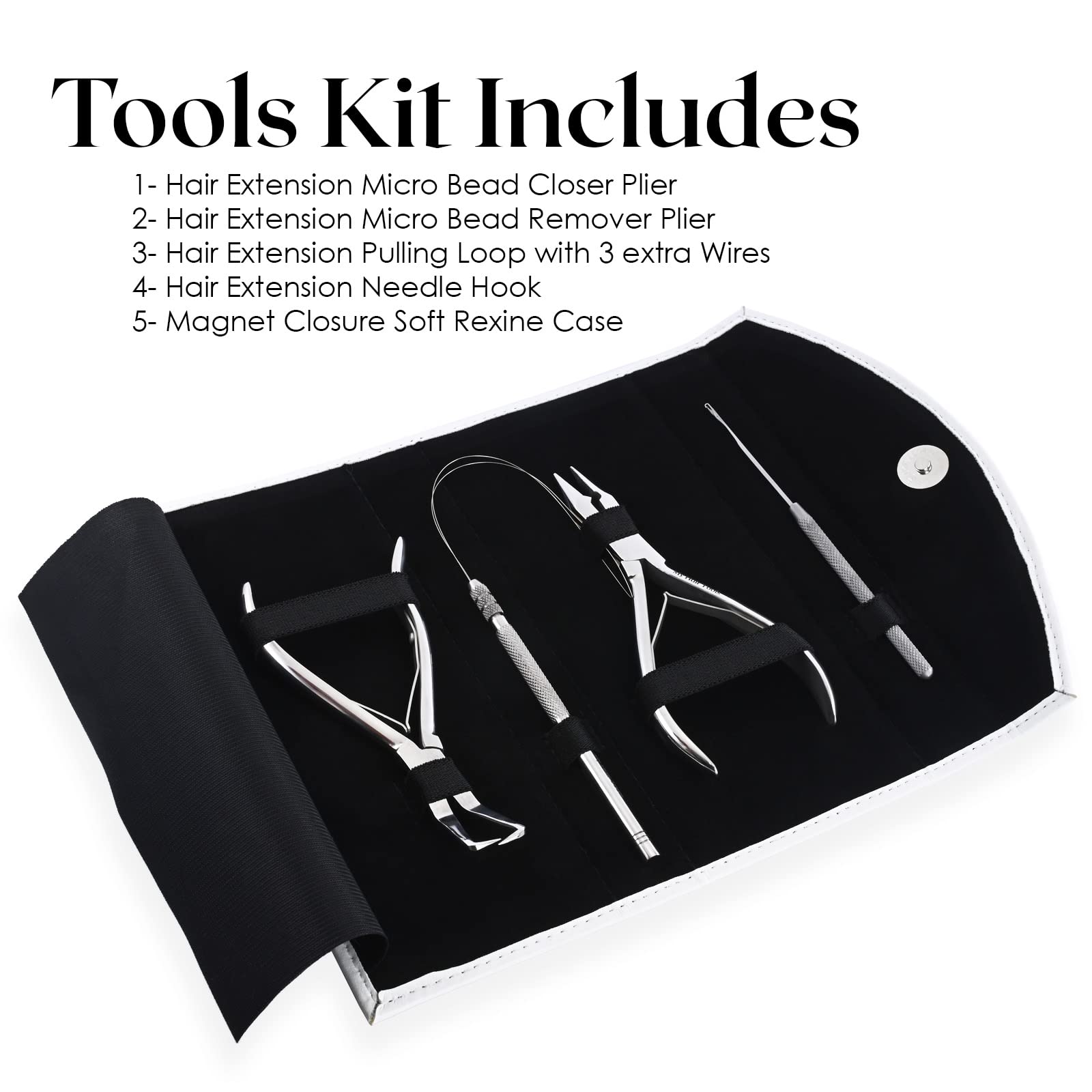 My Hair Tools Professional Hair Extension Tools Kit, Hair Extensions Remover Pliers, Micro Links Beads Hair Pulling Hook & Microbead Ring Loop Tool Stainless Steel Hair Supplies Packed in Soft Case