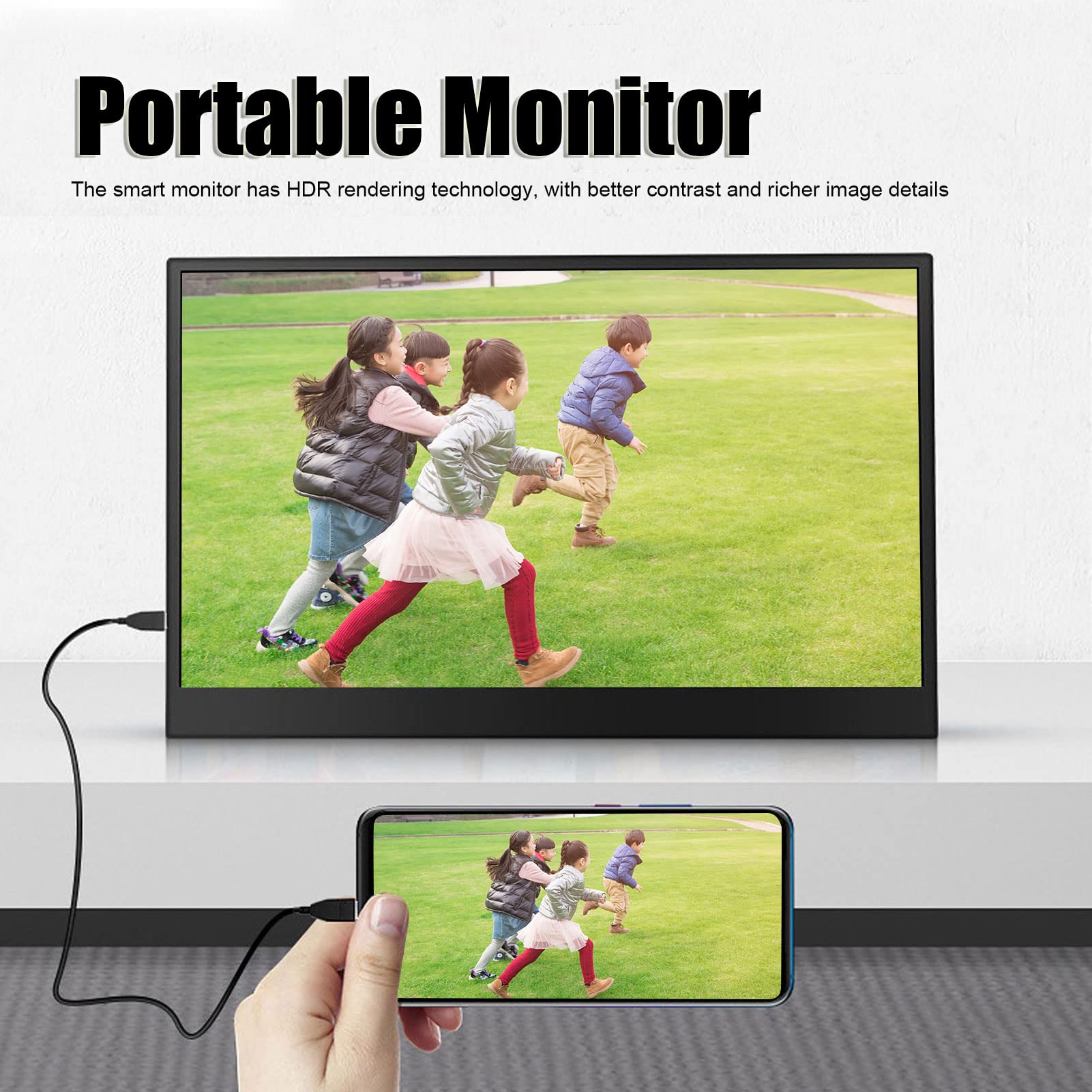 ASHATA Laptop Monitor Extender, FHD Smart Monitor, 17.3in Portable Monitor for Phone PC, 178 Viewing Angle 300CD M2 Brightness