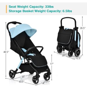 HONEY JOY Lightweight Baby Stroller, Compact Travel Stroller for Airplane, Fits Airplane Cabin & Overhead, One-Hand Gravity Fold, Self-Standing Toddler Stroller w/Adjustable Backrest/Canopy(Blue)