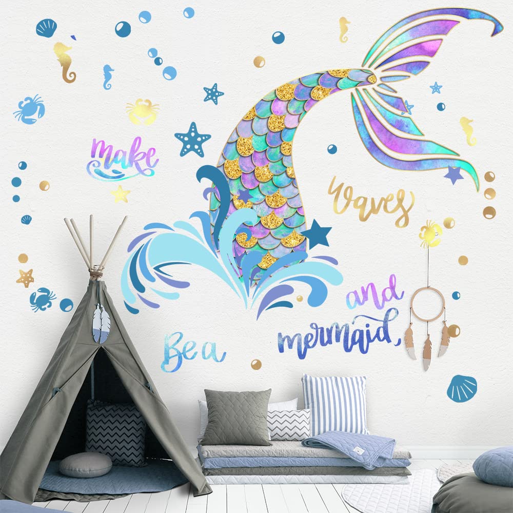 Mermaid Wall Decals, Ocean Creature Decoration Quotes Be a Mermaid and Make Waves Wall Stickers for Baby Room Girls Bedroom Nursery Bathroom Wall Decor