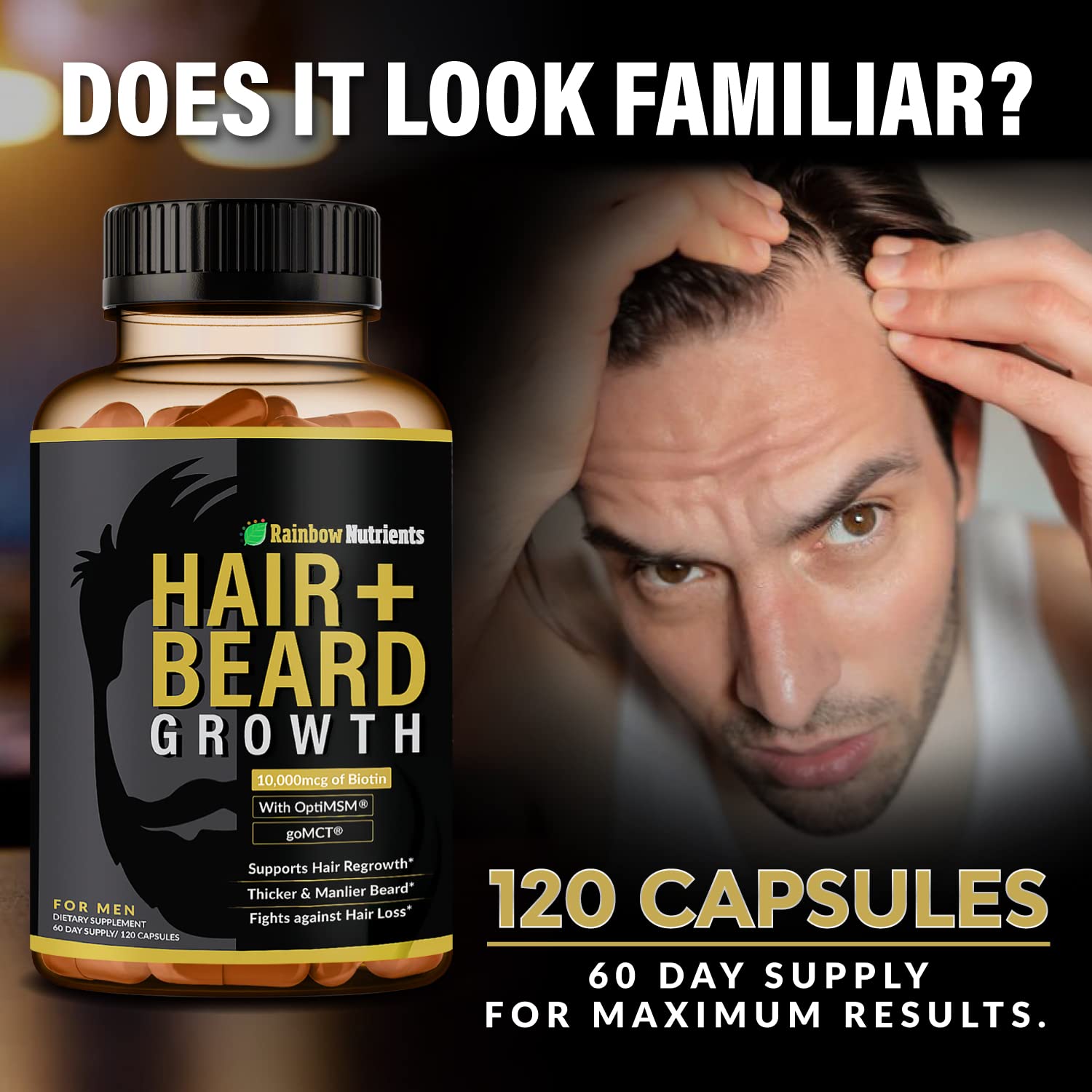 Hair + Beard Growth Vitamins for Men | Biotin 10,000mcg, Collagen, Patented OptiMSM®, goMCT®, Saw Palmetto | 60 Day Supply | Naturally Regrow Stronger, Thicker, Healthier Hair & Stops Hair Los