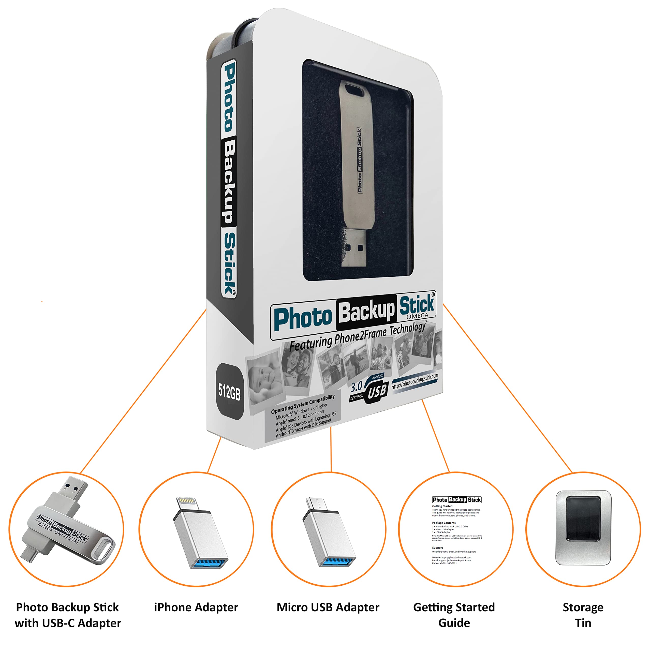 Photo Backup Stick Omega Universal Picture and Video Backup for Any Device - iPhone, Android, Computer, Tablets (512GB)