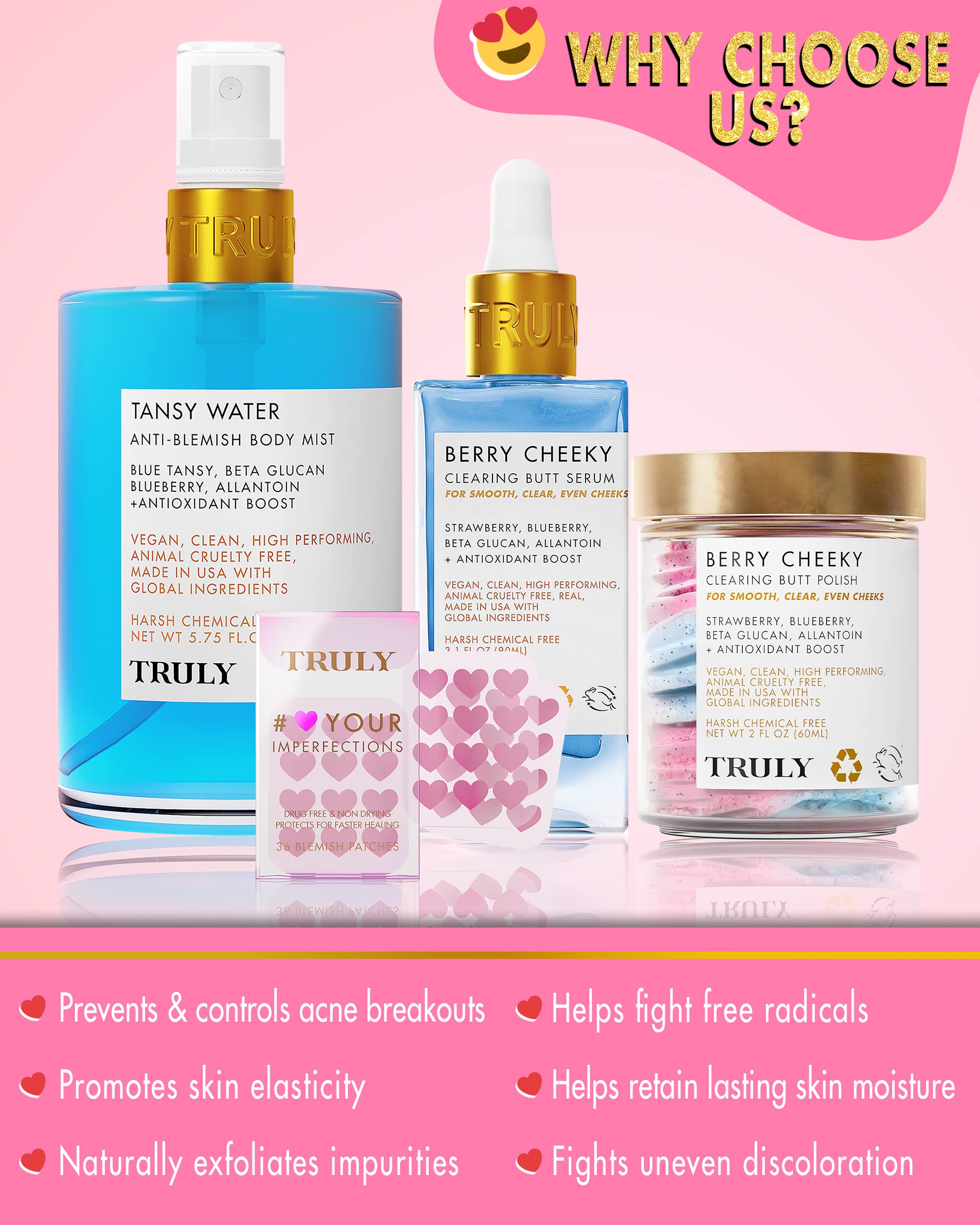 Truly Beauty Acne Treatment Bundle - Full Body Exfoliator with Pimple Patches and Hydrocolloid Back Patches