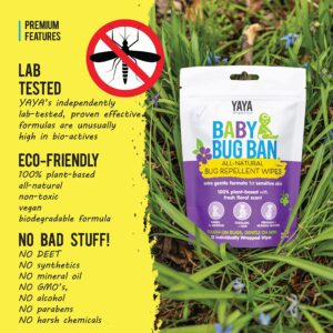 YAYA ORGANICS Baby Bug BAN Insect Repellent Wipes – All-Natural, DEET-Free, Non-Toxic, for Babies, Kids, Pregnant and Nursing Moms and Sensitive Skin (12 Count, Pack of 1)