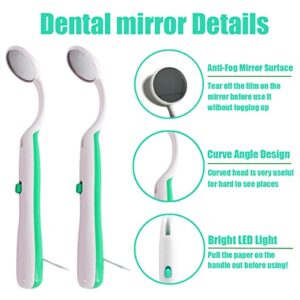 Ceonam 2 Pcs Dental Mirror with Light Tool LED Lighted Teeth Inspection Mirror Anti Fog Curve Angle Dentist Oral Care Tool (Green)