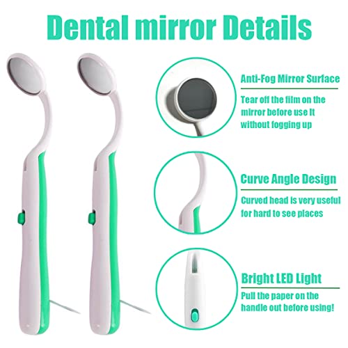 Ceonam 2 Pcs Dental Mirror with Light Tool LED Lighted Teeth Inspection Mirror Anti Fog Curve Angle Dentist Oral Care Tool (Green)