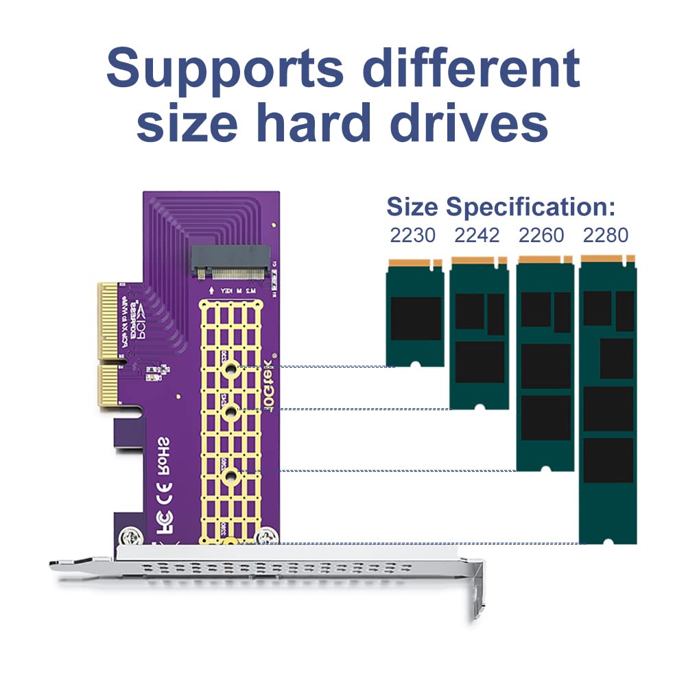 PCIe 3.0 to NVMe (1) M.2 Adapter for M.2 (M Key) SSD, X4,Supports PCIe M.2 SSDs (NVMe and AHCI): 2230, 2242, 2260 and 2280 Drives