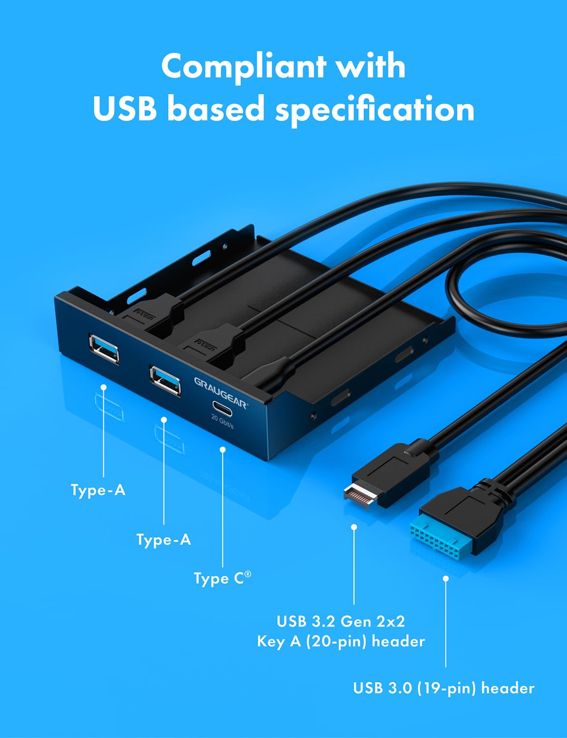 GRAUGEAR 3.5 Inch Front Panel USB Hub, Internal USB Hub with 20Gbps USB3.2 Gen2 USB-C and USB 3.0 Ports, USB3.2 Type-E Key-A 20-Pin Header & USB3.0 Header Required, Fits 3.5" PC Computer Case [G-MP01]