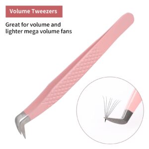 Lash Tweezers for Eyelash Extensions for Volume and Lighter Mega Volume Fans Professional Precision Stainless Steel Lash Extension Tweezers Curved Boot Angled Tips