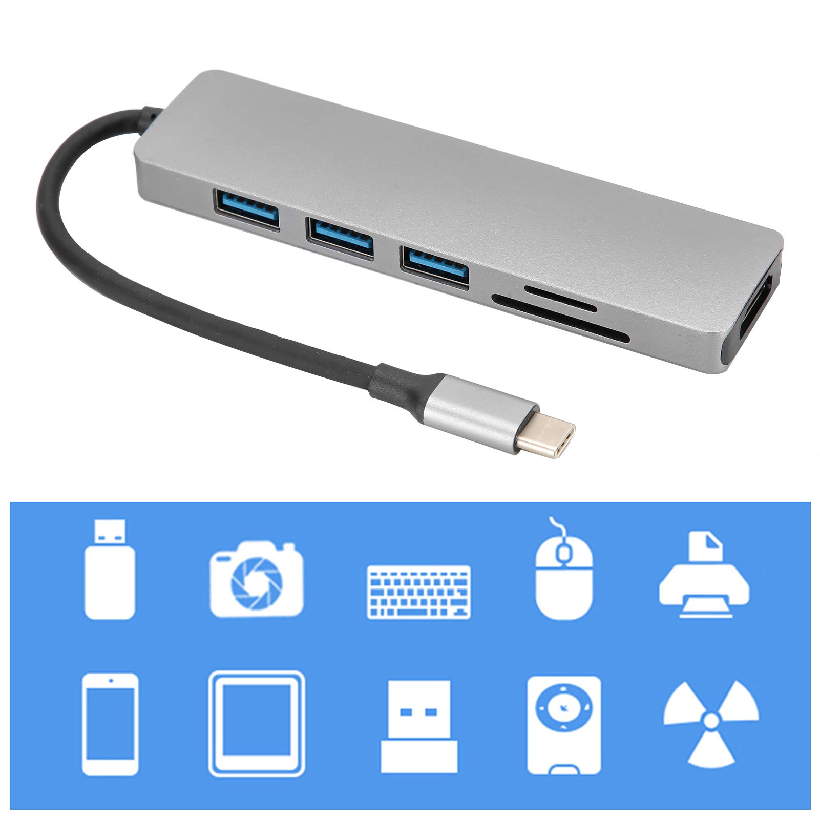 Type C to HD Multimedia Interface Hub Adapter, 6 in 1 Aluminum Alloy Converter USB3.0 Video Audio Interface with Over Current Detection Protection