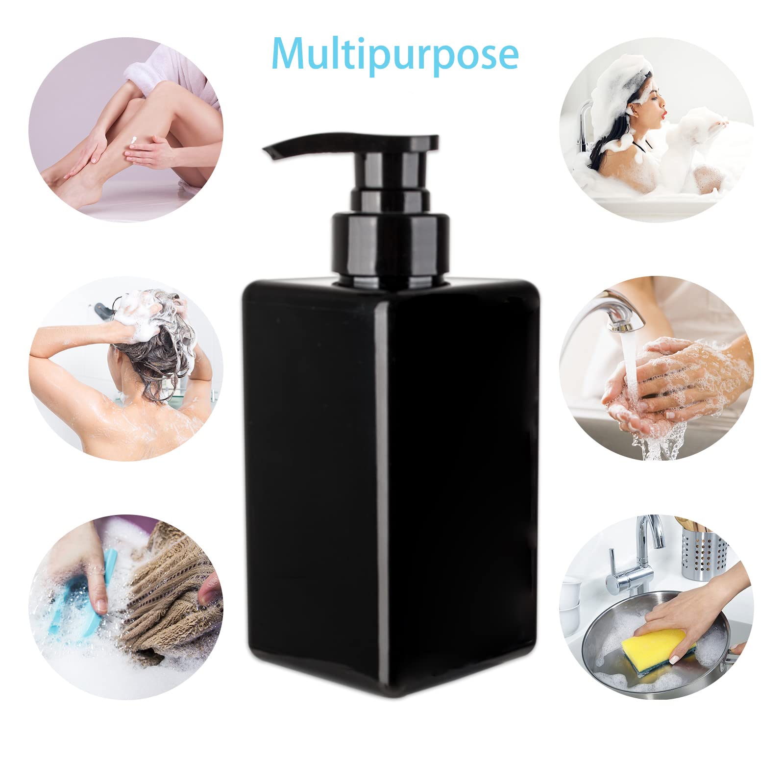 15 oz Hand Soap Dispenser, Plastic Pump Bottles, Refillable Empty Lotion Dispenser Liquid Container for Bathroom Kitchen College Dorm, 2 Pack Black