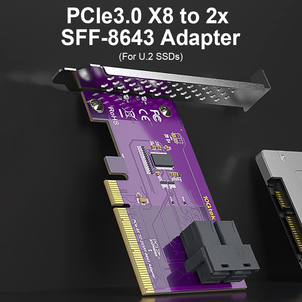 PCIe to SFF-8643 Adapter for U.2 SSD, X8, (2) SFF-8643. Support Windows 10/2016/2019, REHL/Cent0S 7/8, VMware ESXi 6/7, Ubuntu Linux 18/20/21, etc.