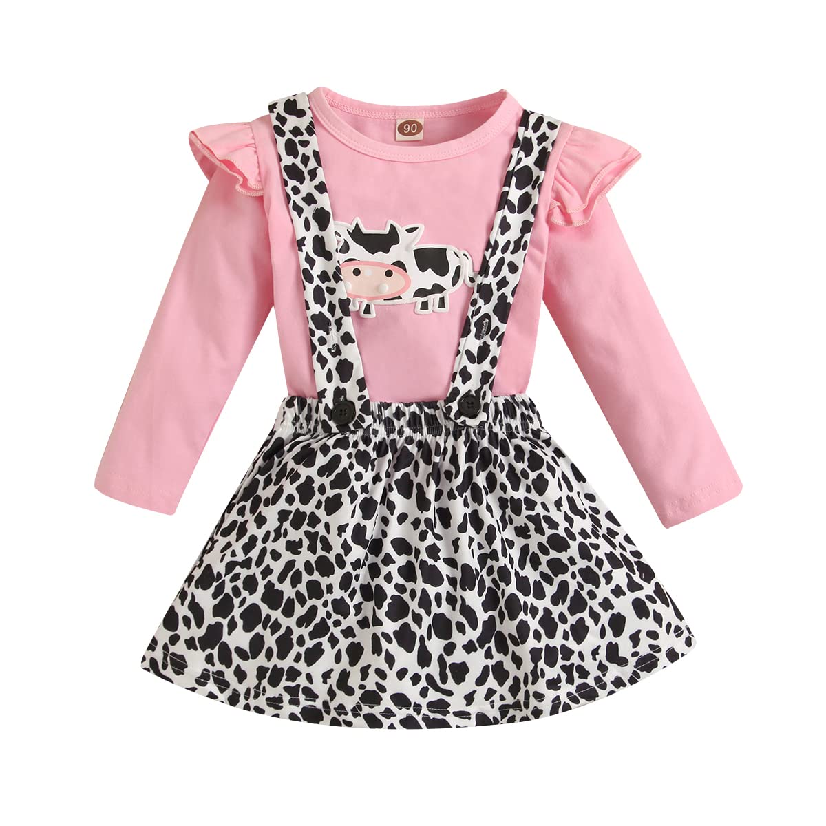 BOEBNOZCV Toddler Baby Girl Ruffled Long Sleeve Cow Print Shirts Top + Leopard Suspender Skirts Overall Dress Clothes Set (Cow Long Sleeve,2-3T)