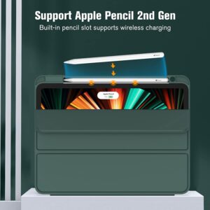 ZryXal New iPad Pro 12.9 Inch Case 2022/2021/2020(6th/5th/4th Gen) with Pencil Holder,Smart Case [Support Touch ID and Auto Wake/Sleep] with Auto 2nd Gen Pencil Charging (Midnight Green)