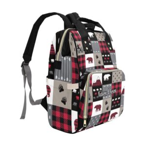 Plaid Bears Mountains Black Personalized Diaper Backpack with Name,Custom Travel DayPack for Nappy Mommy Nursing Baby Bag One Size