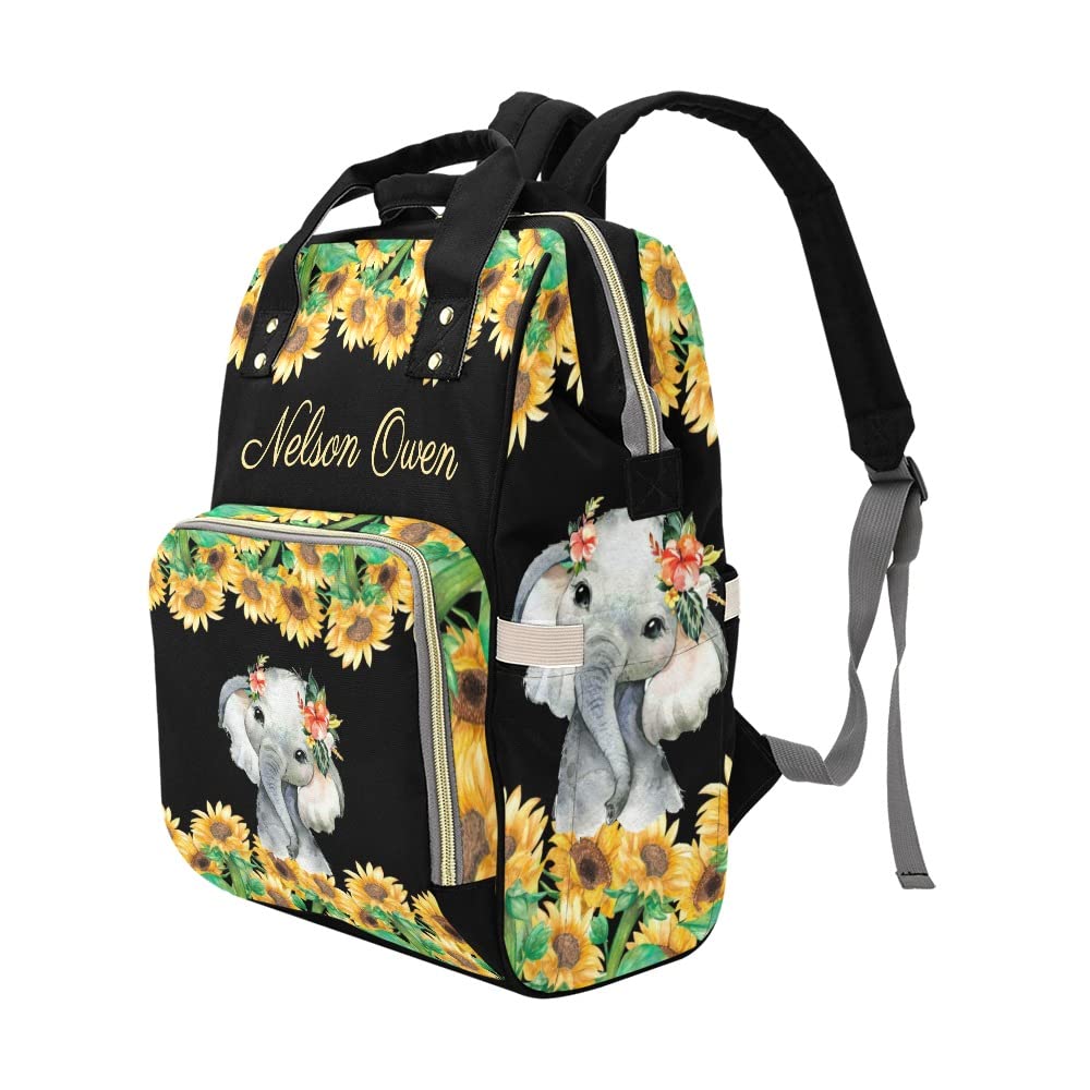 Sunflowers Black Elephant Personalized Diaper Backpack with Name,Custom Travel DayPack for Nappy Mommy Nursing Baby Bag One Size