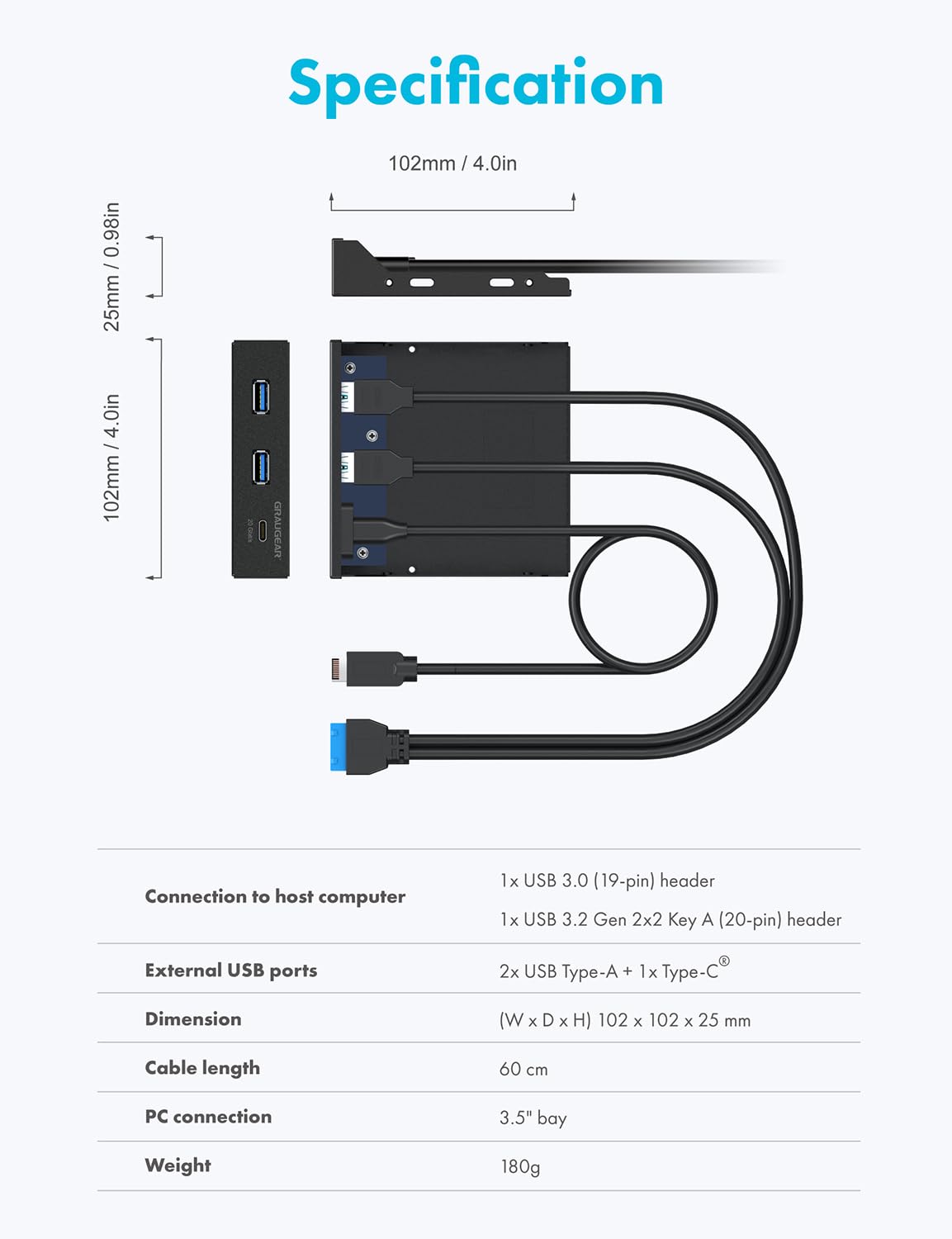 GRAUGEAR 3.5 Inch Front Panel USB Hub, Internal USB Hub with 20Gbps USB3.2 Gen2 USB-C and USB 3.0 Ports, USB3.2 Type-E Key-A 20-Pin Header & USB3.0 Header Required, Fits 3.5" PC Computer Case [G-MP01]