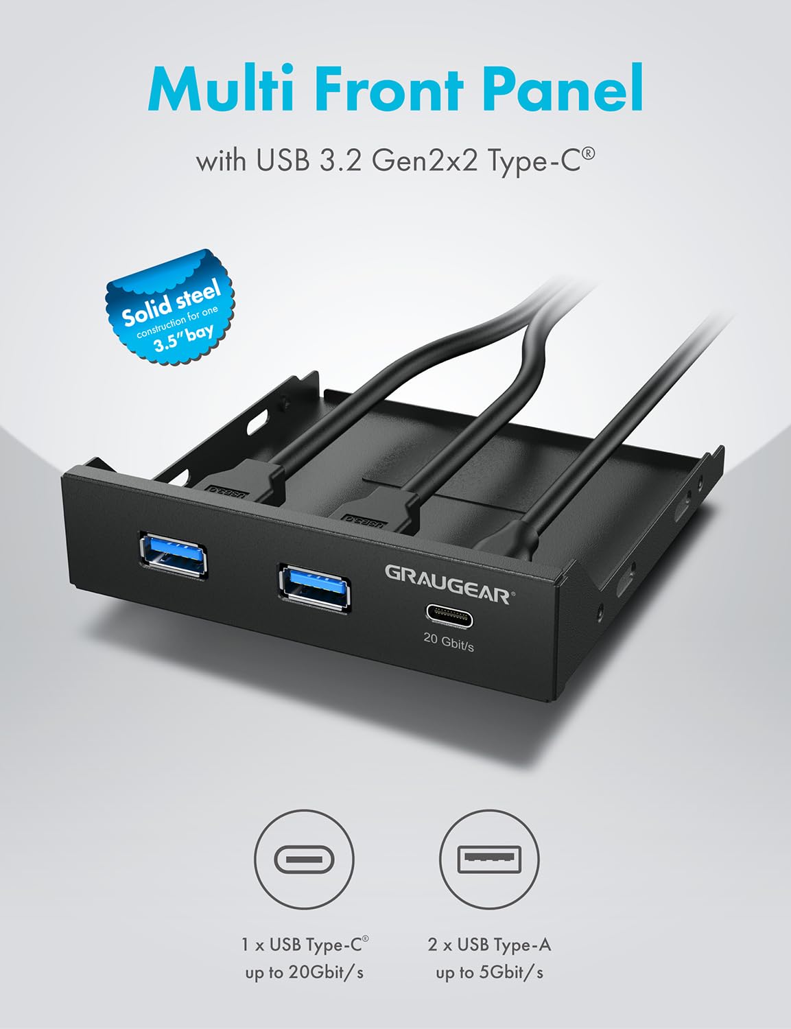 GRAUGEAR 3.5 Inch Front Panel USB Hub, Internal USB Hub with 20Gbps USB3.2 Gen2 USB-C and USB 3.0 Ports, USB3.2 Type-E Key-A 20-Pin Header & USB3.0 Header Required, Fits 3.5" PC Computer Case [G-MP01]