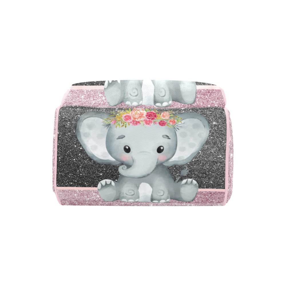 Girl Elephant Pink Gray Personalized Diaper Backpack with Name,Custom Travel DayPack for Nappy Mommy Nursing Baby Bag One Size