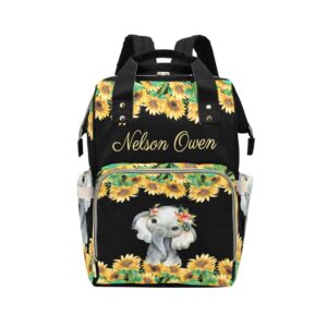 sunflowers black elephant personalized diaper backpack with name,custom travel daypack for nappy mommy nursing baby bag one size