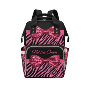 pink bow glitter print personalized diaper backpack with name,custom travel daypack for nappy mommy nursing baby bag one size